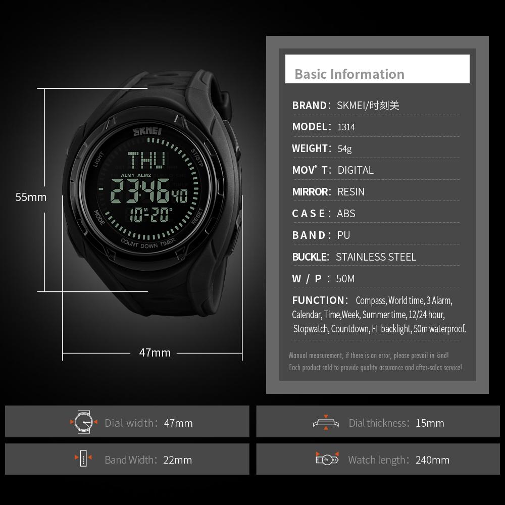 SKMEI 1314 Men's 50m Waterproof Digital Sports Compass Watch with EL  Backlight - Black: Buy Online at Best Prices in Pakistan | Daraz.pk