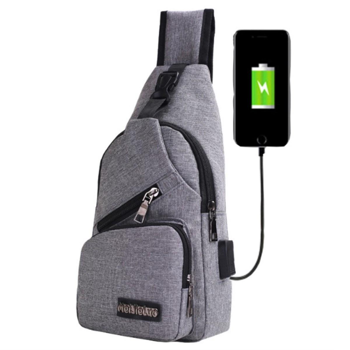 2017 New USB Design Canvas Large Chest Bag, Crossbody Sling Bag, Sports Shoulder Bag for Men & Women   Light gray