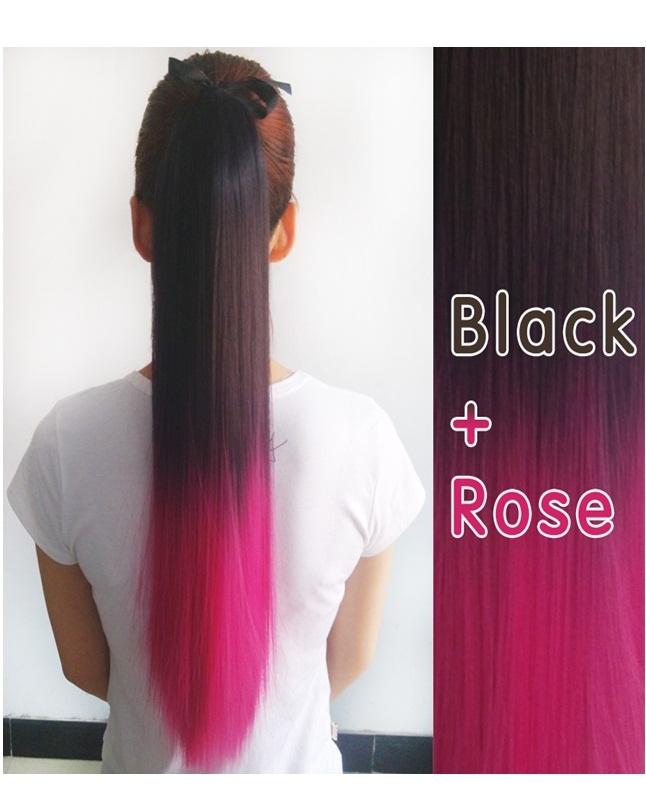 Clip In Straight Synthetic Hair Extensions - 24 Inch -Black & Rose