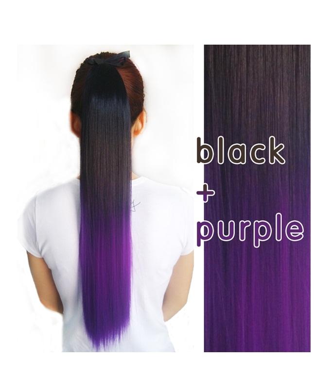Clip In Straight Synthetic Hair Extensions - 24 Inch -Black & Purple