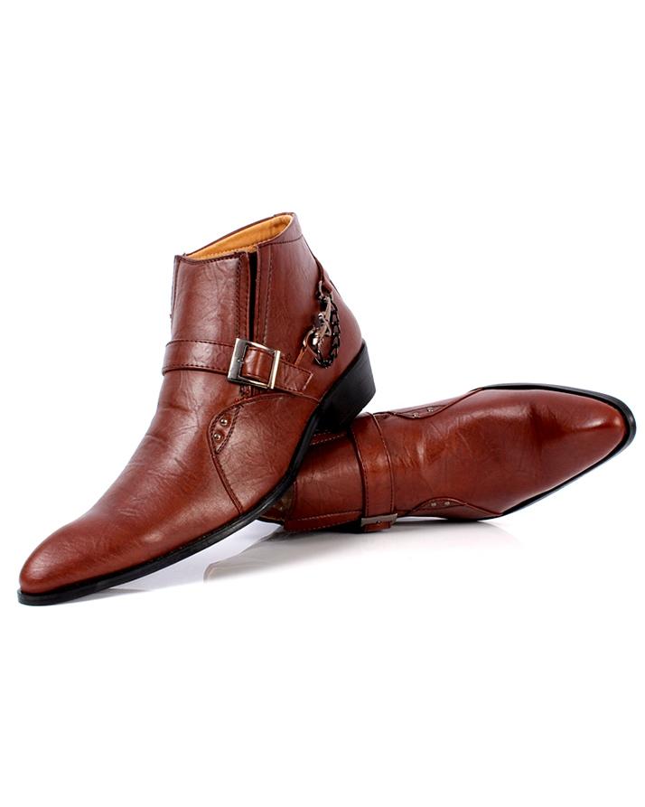 Chocolate Brown Leather Cowboy Pointed Toe Slip On Ankle Boots For Men