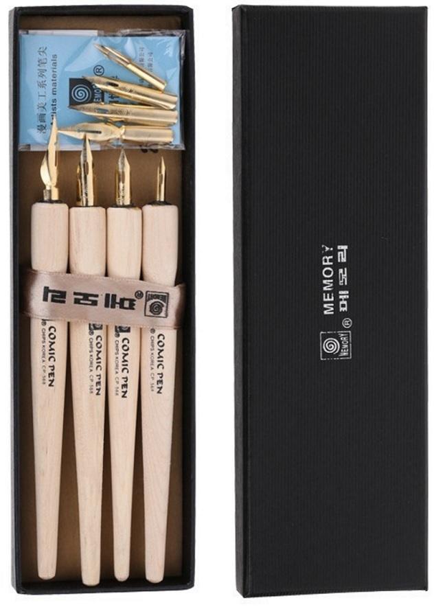 Memory 568 Series Calligraphy Dip Pen Wood Comics Pen 4 Holder 8 Nib Set Made In Korea