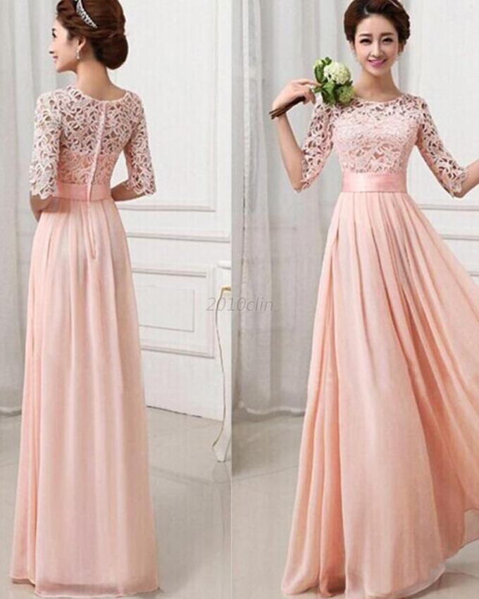 Peach Lace Chiffon Long Formal Gown For Women
