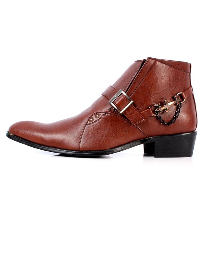 Chocolate Brown Leather Cowboy Pointed Toe Slip On Ankle Boots For Men