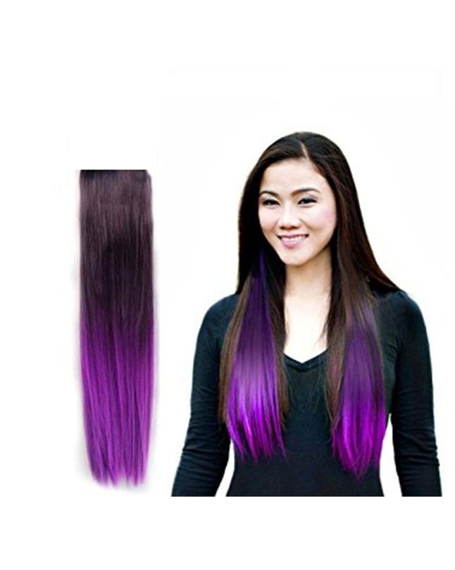 Clip In Straight Synthetic Hair Extensions - 24 Inch -Black & Purple