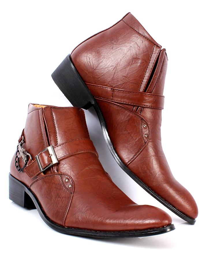 Chocolate Brown Leather Cowboy Pointed Toe Slip On Ankle Boots For Men