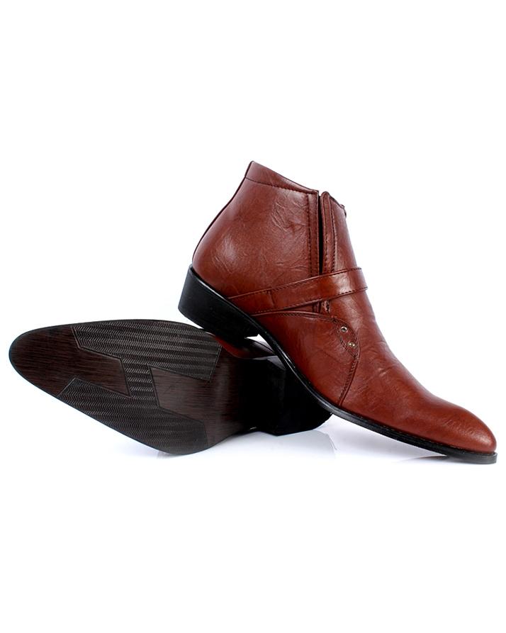 Chocolate Brown Leather Cowboy Pointed Toe Slip On Ankle Boots For Men