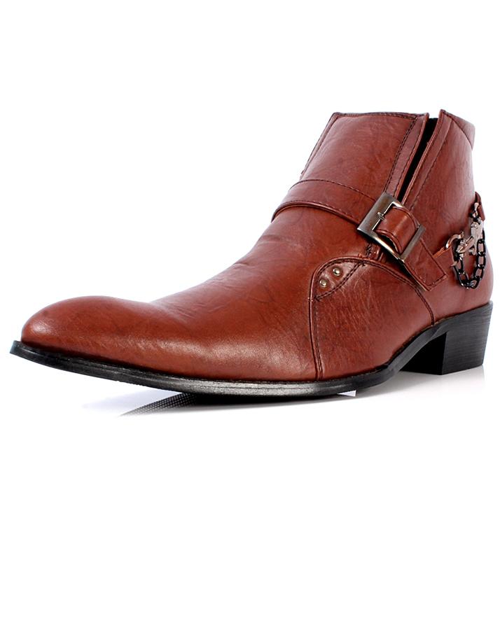 Chocolate Brown Leather Cowboy Pointed Toe Slip On Ankle Boots For Men