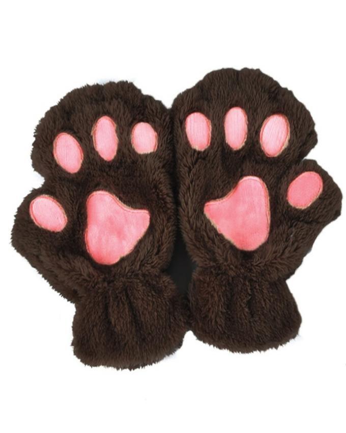 Dark Brown Paw Fingerless Mittens Gloves