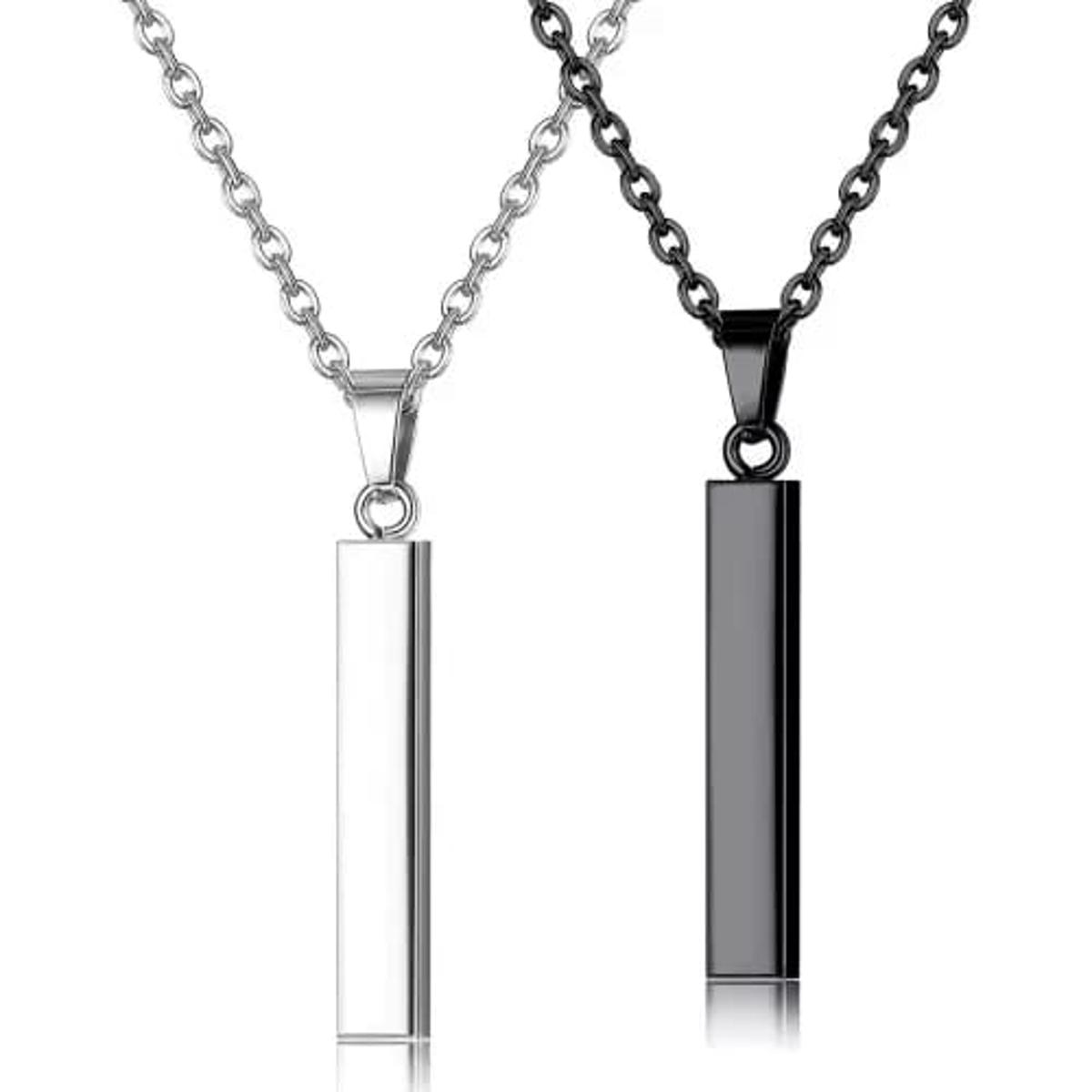 Pack of 2 Cuboid Vertical Bar/Stick Stainless Steel Black Silver Locket Pendant Necklace For Boys and Men