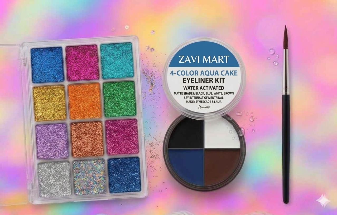 4 Pcs Makeup Deal Set - 12 Color Glitter Eyeshadow Palette Kit - 1 Mini Lip & Eye Shadow Brushes - 4 Color Aqua Cake Eyeliner With 1 Eyebrow Eye Liner Brush - Dry Liner Black Brown Blue White Shade - Cosmetic Pressed Dust EyeShade Deals Box