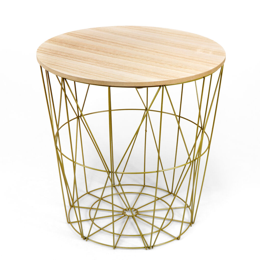 METAL WIRE REMOVABLE WOOD TOP FOLDABLE ROUND COFFEE SIDE TABLE STORAGE BASKET( 16 L 16 W 18.5 H )