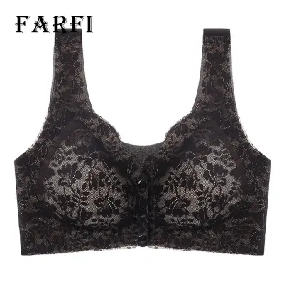 Mid-aged Women Wireless Brassiere Mid-aged Women Solid Color Bra Embroidery  Lace Stitching Wide Shoulder Straps Front Buttons Placket Wireless Brassiere  Women Front Button Bra