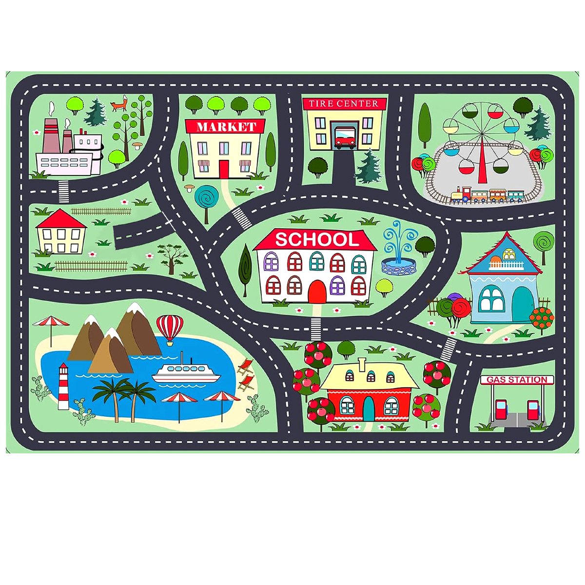 School Theme Kids Play Mat Vehicle Road Map -  ( Size 36 x 24 inch ) - Educational Waterproof Panaflex Sheet Children Playing Activity Learning Teaching Route Playmat Cartoon City Town With Cars Toy Babies Boys Girls Fun Car Toys