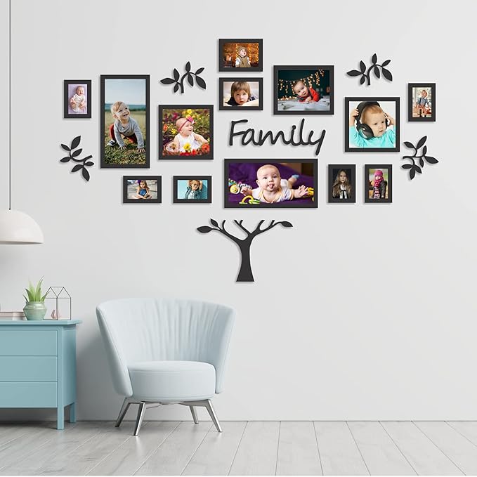 Family Tree Wall Decor with 10-12 MDF Frames, Black Laminated Home and Kids Room Decoration, Gifting Idea (30-40 inch Coverage)