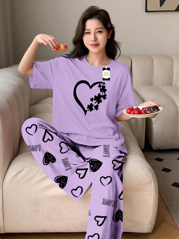Women Heart Printed Nightwear Set With Love Heart Printed Trousers – Women's Lounge Wear (011)