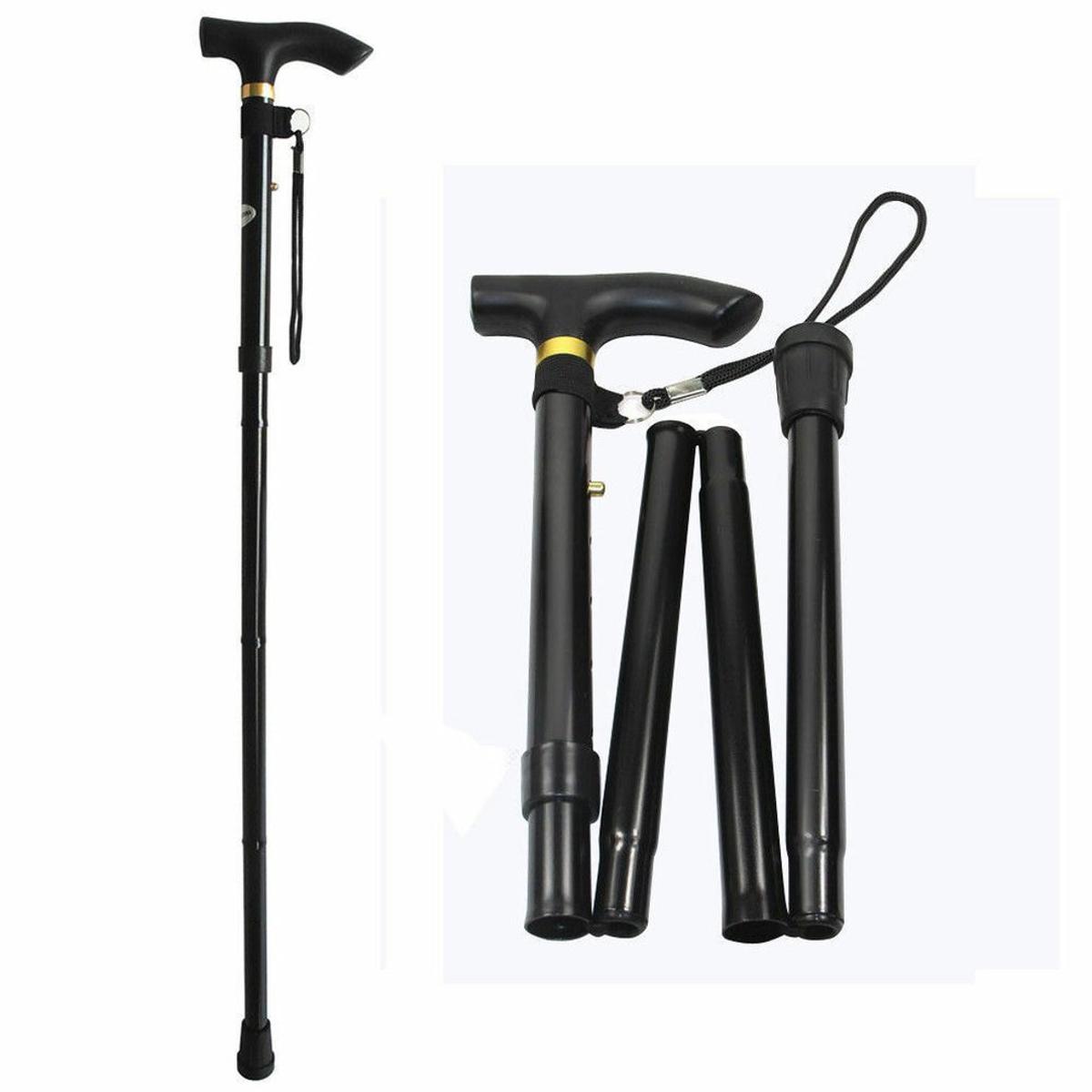 Adjustable Lightweight Aluminum Trekking Cane, Foldable Offset Walking Stick with Ergonomic Handle for Hiking and Outdoor Recreation - Black
