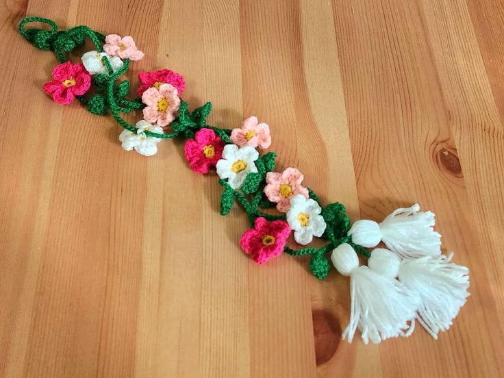 CROCHET BEAUTIFUL FLOWER HAIR BRAID TASSELS -HANDMADE CROCHET PRANDA/PARANDA FOR GIRLS / HAIR ACCESSORIES / 16 to 17 INCHES -FASHION / urban crate