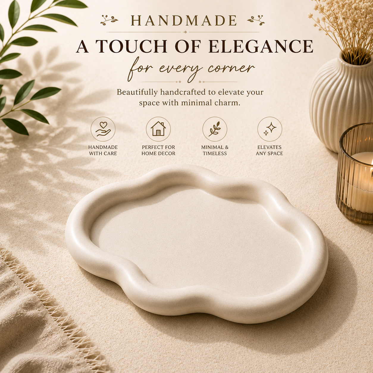 Irregular Wavy Edge Decorative Tray – Cream White Jewelry, Candle and Vanity Organizer for Table & Shelf Décor