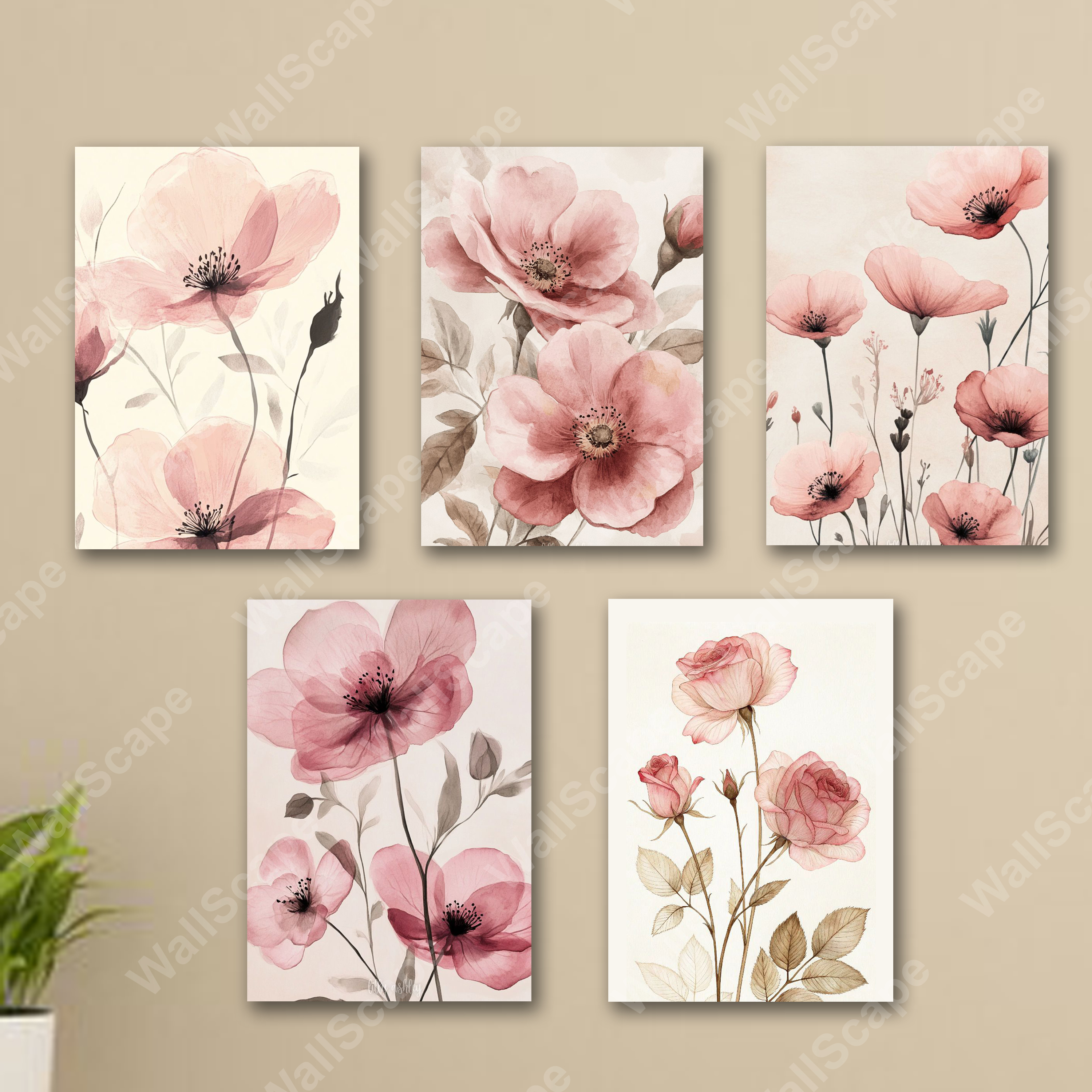 set of 5 pink vintage flowers floral wall art wooden sticky frames for girls room home decoration / sticky phototiles