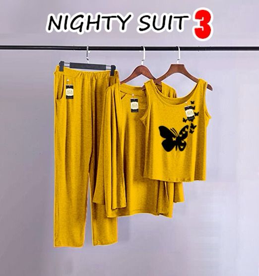 Yellow Color Butterfly Printed 3Pcs Pajama Suit Women Modal Long-Sleeved Vest For Leisure Home Wear Female Sleepwear Night Dress By Aua Garments