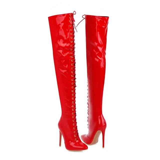 Women's Knee High Stiletto Boots Lace Up Side Zipper Heeled Boots | Red High Heels | Long Boots over knee for Women