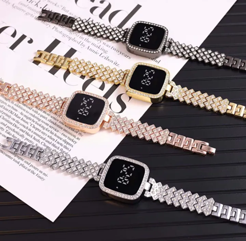 Diamond Touch Screen LED Watch for Ladies –Jewellery For Girls Style in Stainless Steel Chain Digital Wristwatch for Women's – Stylish Fashion Watch For Girls With Bracelet in Silver Stone Round & Square Dial Shape For Gift