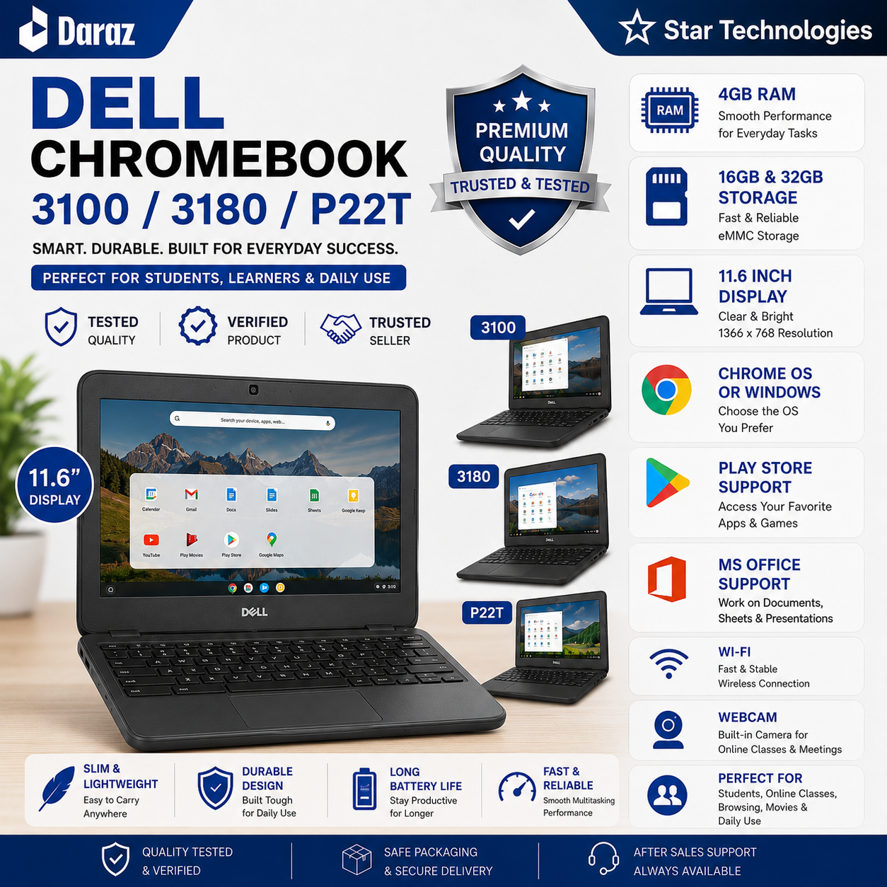 Dell Chromebook 3100 / 3180 / P22T | 4GB RAM | 16GB & 32GB Storage | 11.6 Inch Display | Chrome OS or Windows | Play Store & MS Office Support | Wi-Fi | Webcam | Slim Durable Laptop for Students, Onli