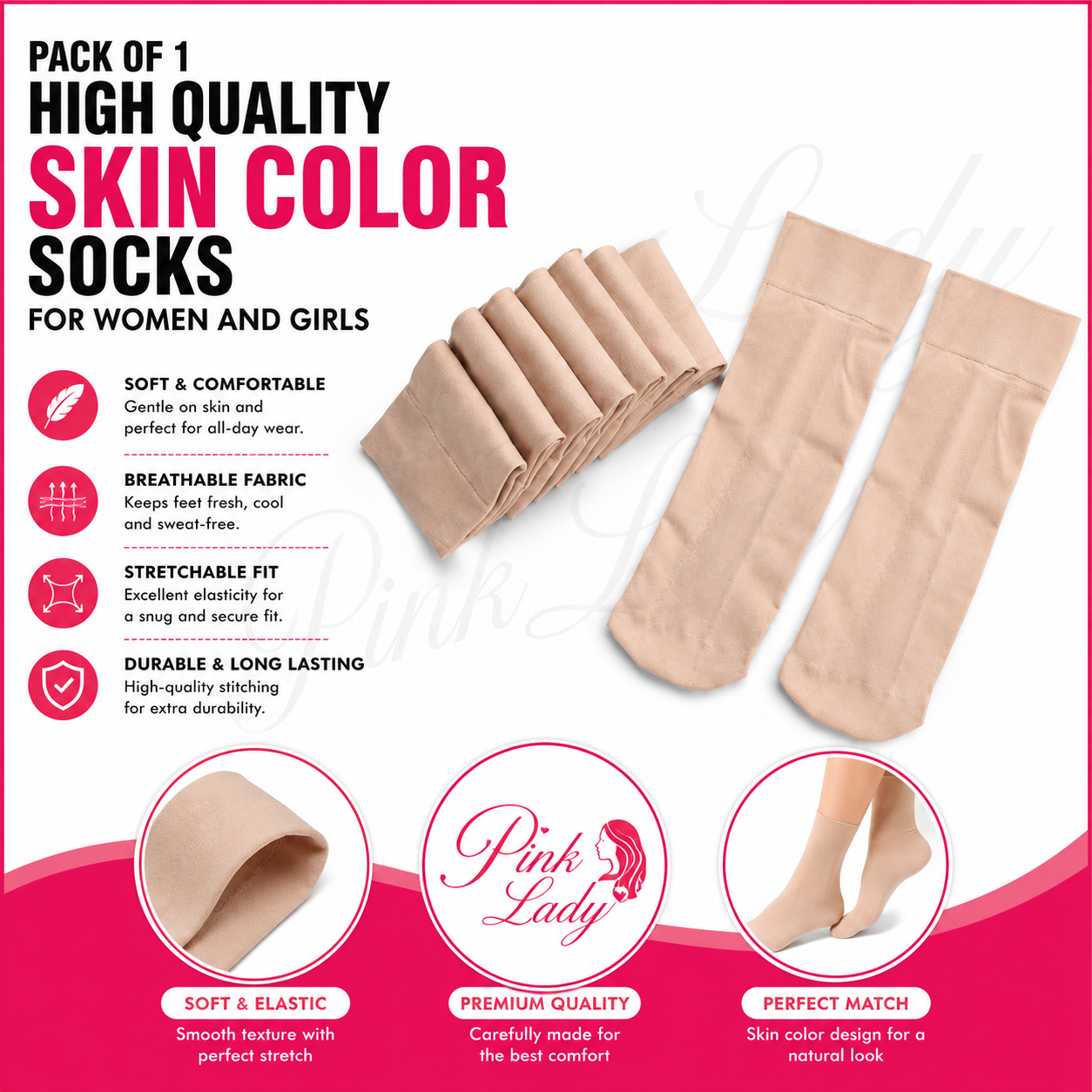 Pack of 1 High Quality Skin Color socks for women and girls
