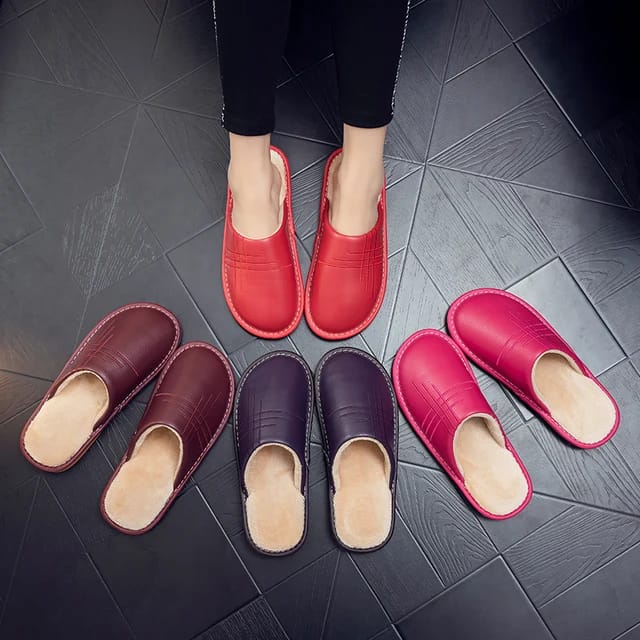 Tru Style: Leather Autumn and Winter Household Slippers Home Indoor Thick Bottom Non-slip Waterproof Warm Home Slippers,house slippers for Men and Women