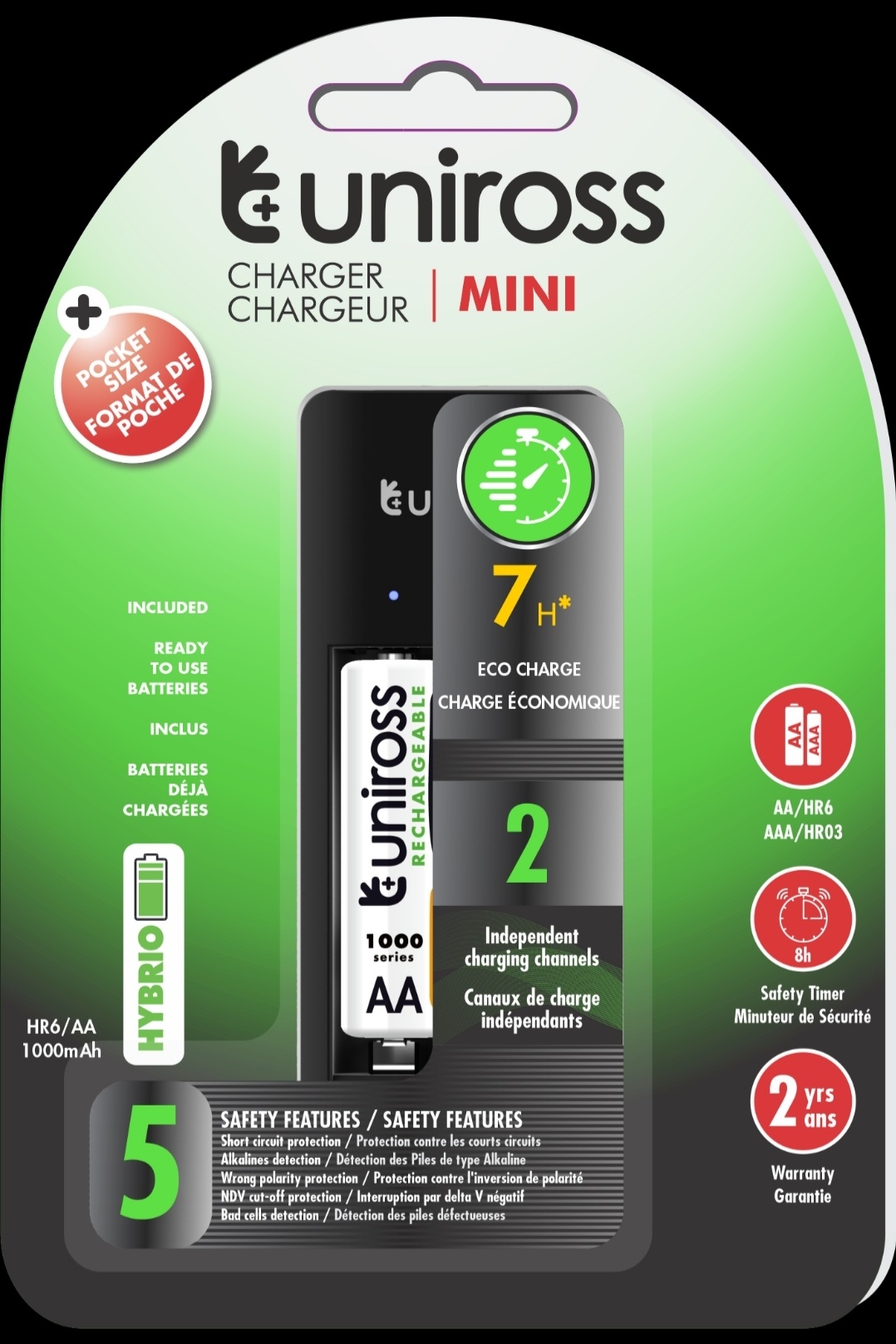 1.5V Device Supported - Uniross Mini Charger with 2AA 1000mah Hybrio