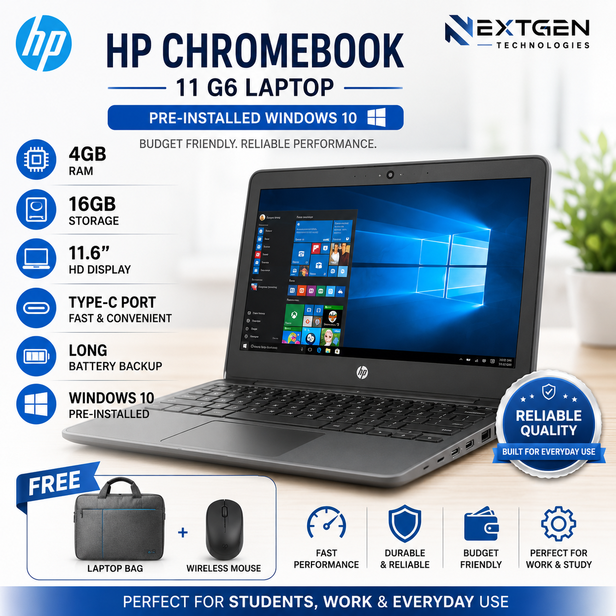 HP Chromebook 11 G6 Laptop – Pre-Installed Windows 10 – 4GB RAM, 16GB Storage – 11.6 HD Display – Fast Type-C Port – Long Battery Backup – Budget Work Laptop – Free Bag & Mouse – NEXTGEN TECHNOLOGIES