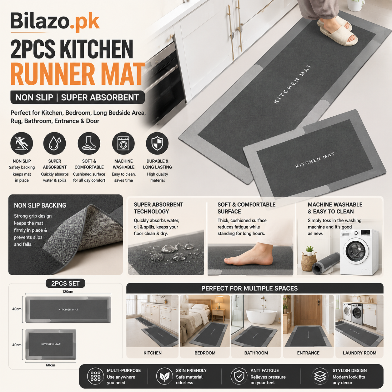 Bilazo.pk - 2pcs Kitchen Runner Mat Non Slip Super absorbent Bedroom Long Bedside Area Rug Soft Washable Carpet Bathroom Entrance Door mat - anti slip mat