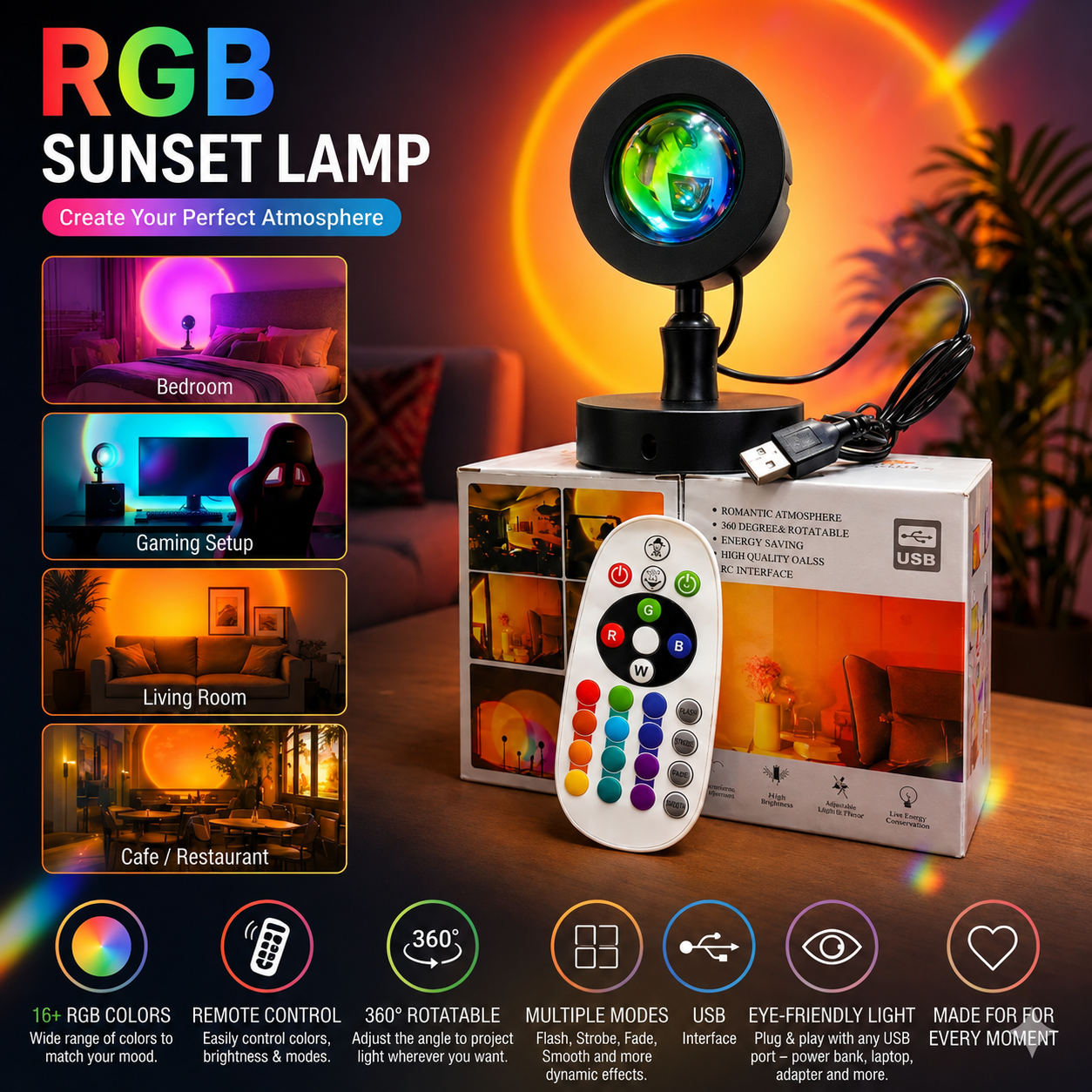 Remote Control Sunset Lamp Projector 16 Colors Changing RGB | Mobile Photography Backgrounds Accessories Lighting Kit Wallpaper