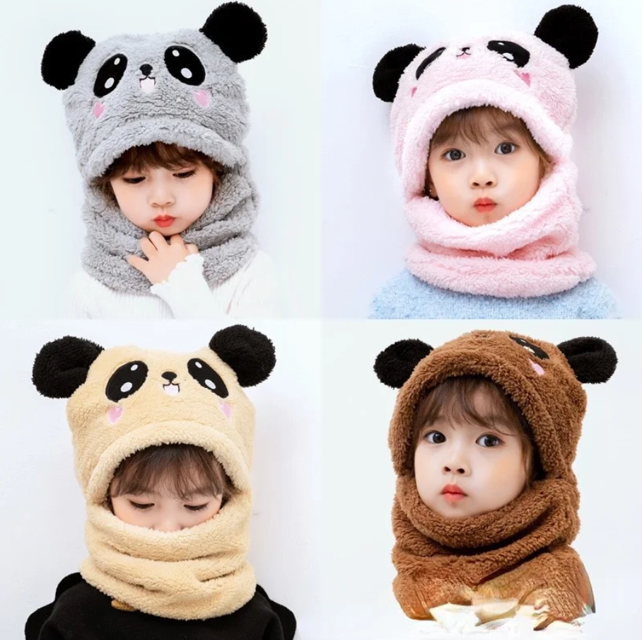 Kids Panda Wool Cap Winter Children Hat Plus Fleece Kids Wool Caps with Neck Warmer