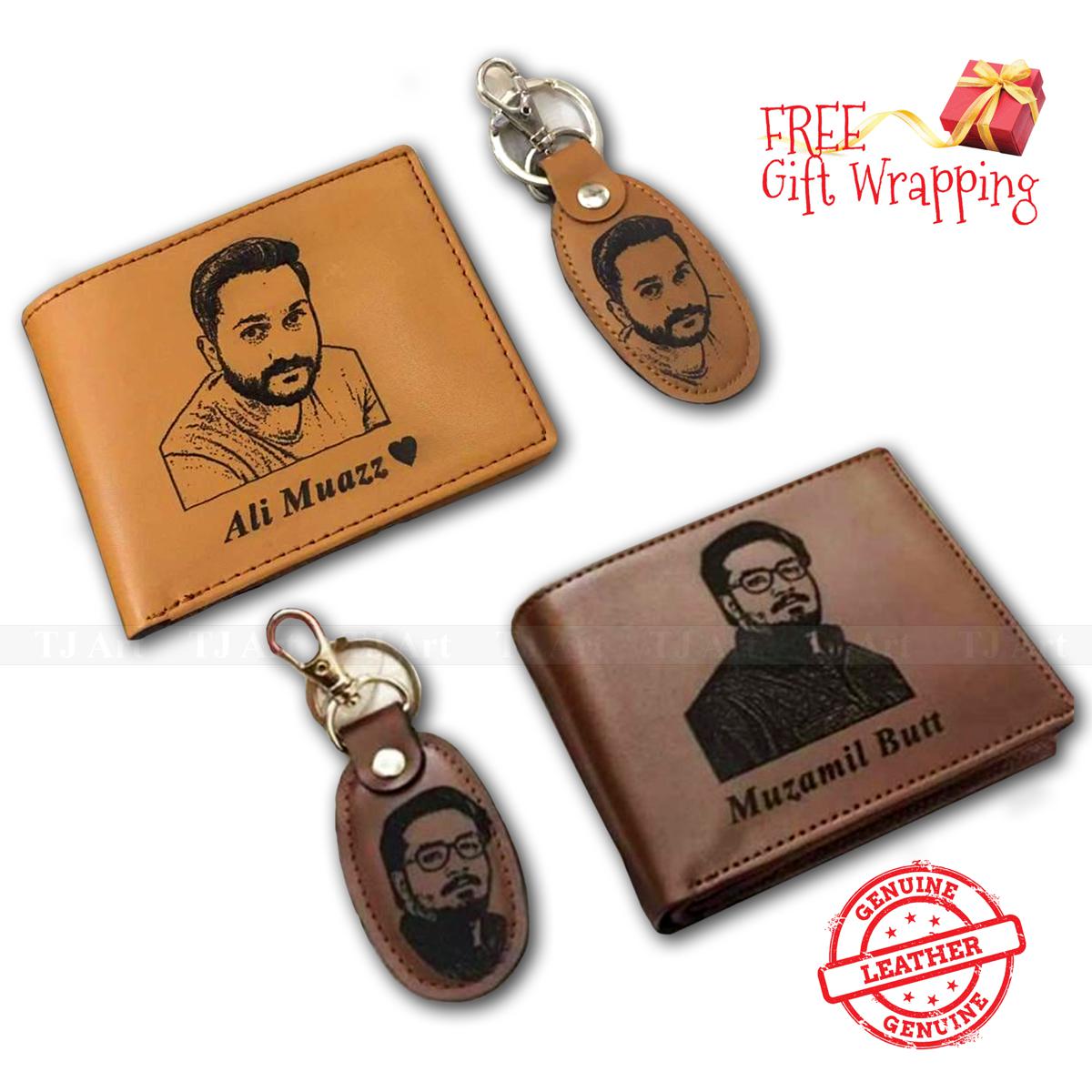PU Leather Custom Engraved Wallet for Men - Personalized Photo ID Combo with Key Chain and Gift Box