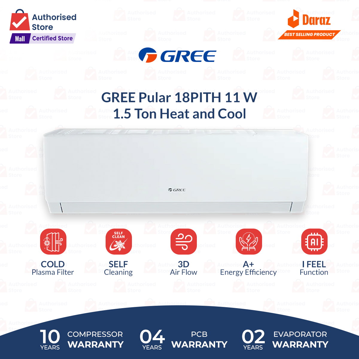 Gree Split AC 1.5 Ton Inverter GS18PITH11W Pular Series (Heat and