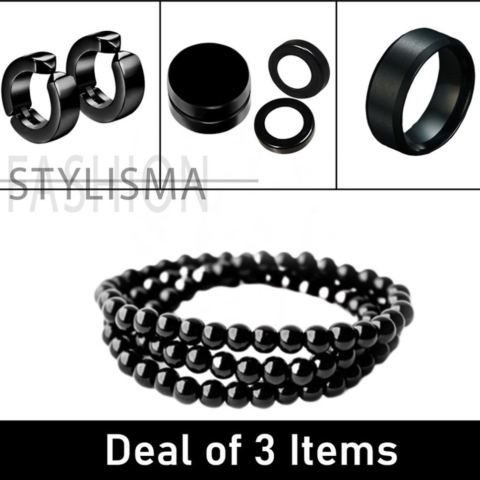 Deal of 3 items with Black Beads Bracelet, Black Clip Tops, Black Magnetic Tops and Black Punk Ring For Boys | A complete combo edition for Biker and Cool Boys
