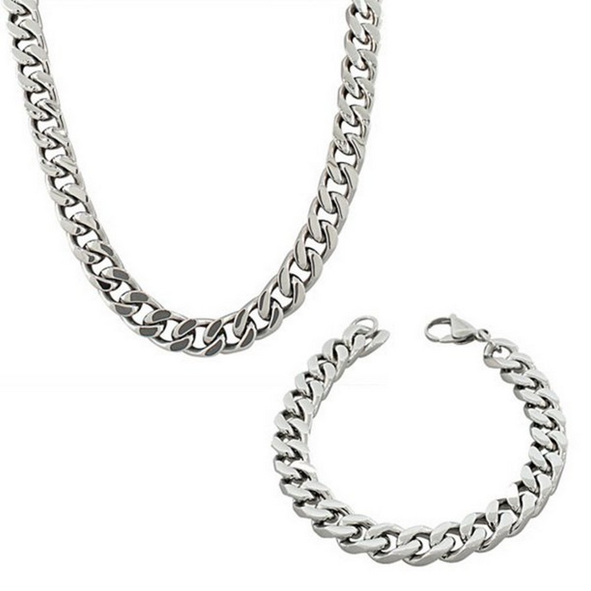 Pack of 2 Silver Stainless Steel Cuban Link Neck Chain and Wrist Bracelet Band for Men / Boys