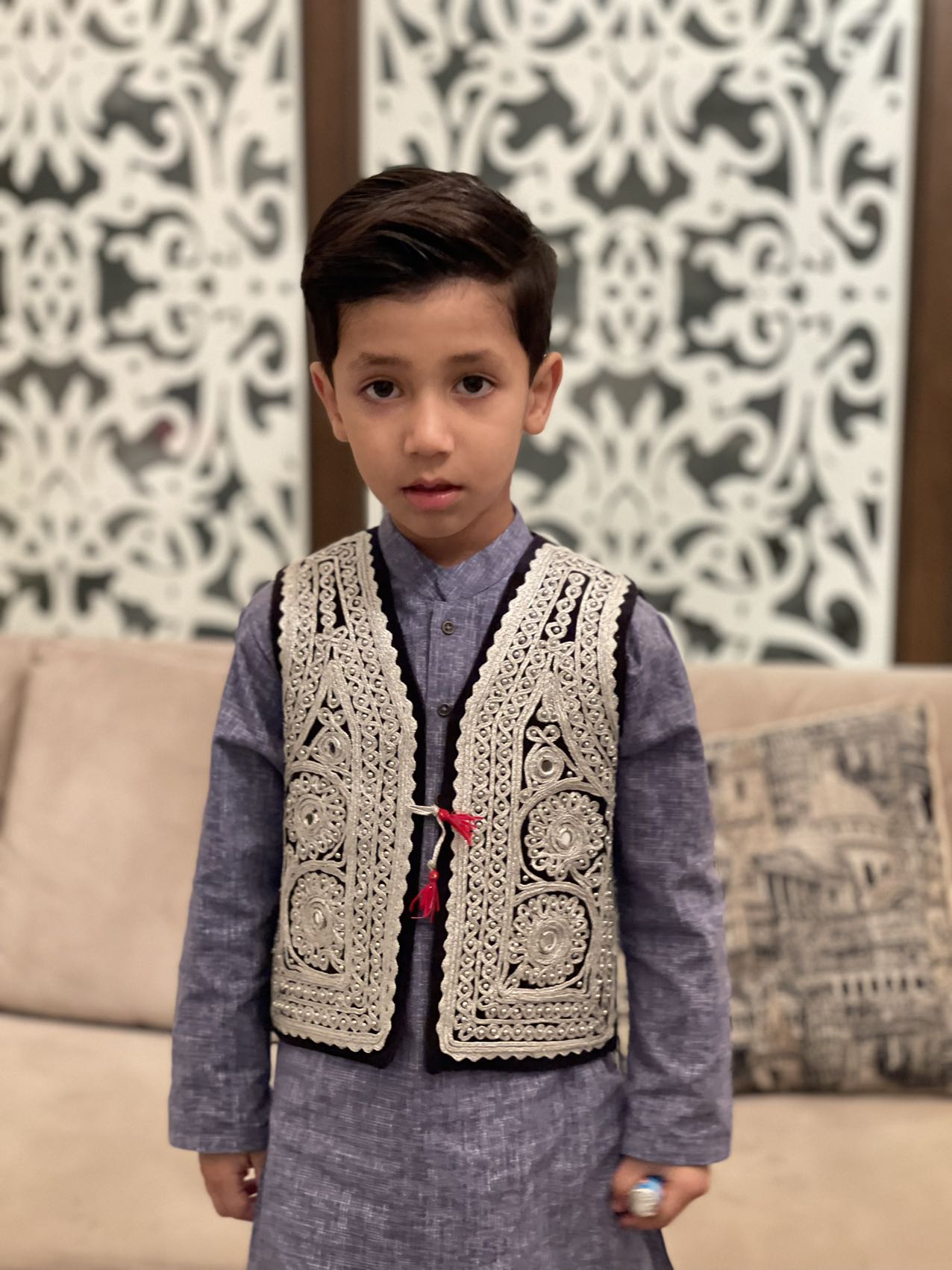 Cultural Silver Embroidered Kids Waistcoat With Cap (1 To 7 Years)