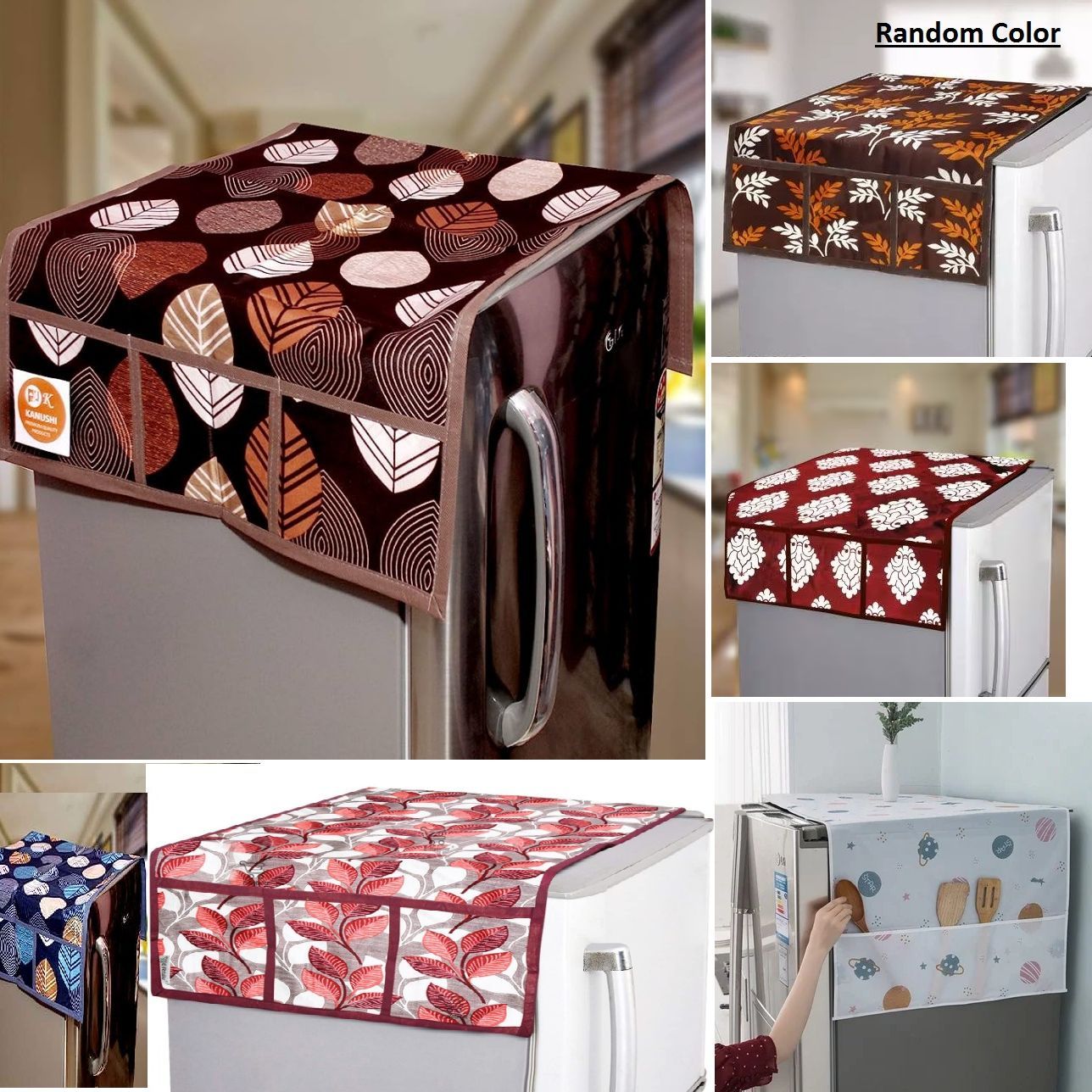 Waterproof Printed Fridge Cover with Pocket - Waterproof Dust Cover Refrigerator Dustproof Cover with Deep Pocket Household Freezer Cover Top Hanging Bag Fridge Storage Bag Appliance Protector Organizer Fridge Top Cover