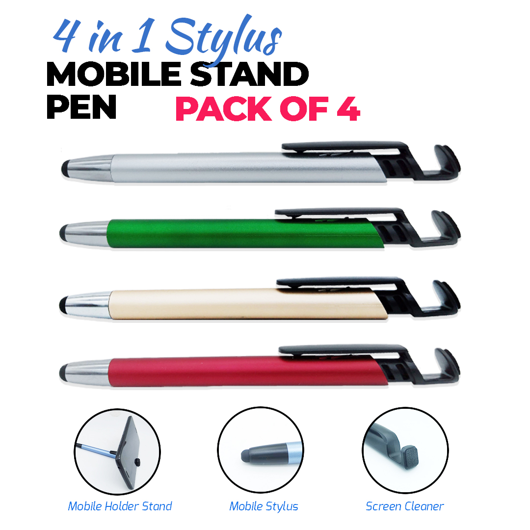 Pack of 4 Mobile Stand Pen 4 in 1 Stylus Screen Cleaner