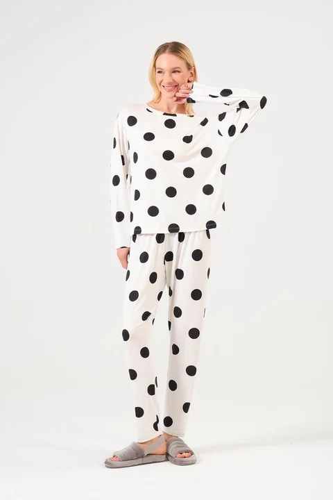 Full & Half SLeeves Women's White & Black Polka Dot Nightwear Set – Soft Cotton Pajamas – Stylish Sleepwear for Summer & All Seasons causl T-shirt Pajama nightwear sleep dress girls dress nighty night suit top tank tee pajama trouser 2 piece suit premium