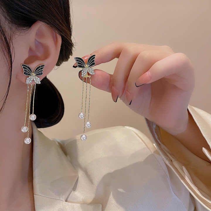 Korean Jewellery 925 Silver Needle Black Butterfly Drop Earings For Girls New Fashion Pearl Long Tassel Chain Rhinestone Earring Jewelry Gift