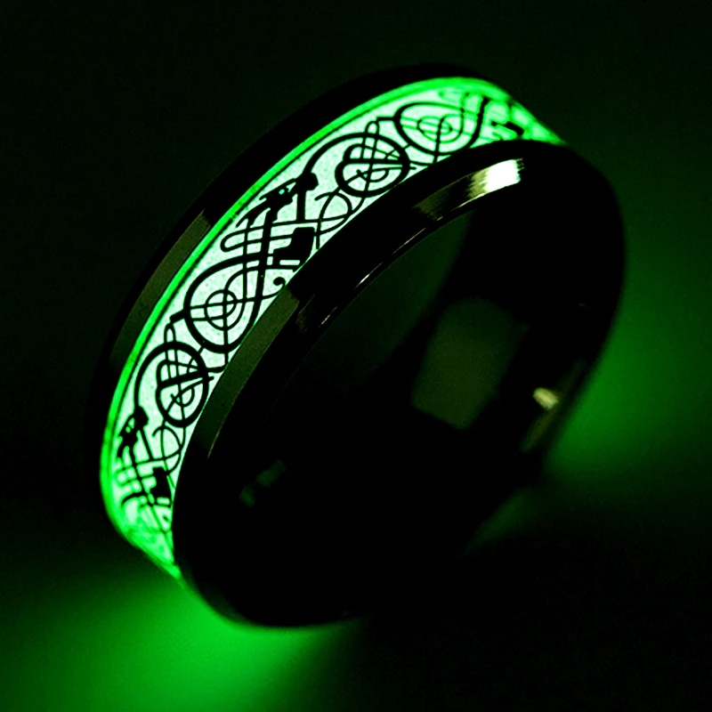 Luminous Plated Ring Dark Golden Dragon Inlay Green Background Fashion Men Fluorescent Glowing ring