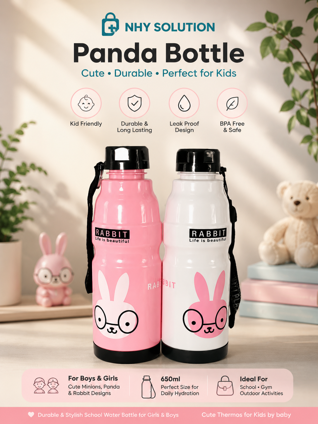 panda Bottle for Boys & Girls  Cute Minions, Panda, & Rabbit Designs  650ml  Sports Water Bottle  Perfect for Kids  Ideal for Gym, School & Outdoor Activities  Durable & Stylish  School Water Bottle for Girls & Boys  Cute Thermos for Kids by baby