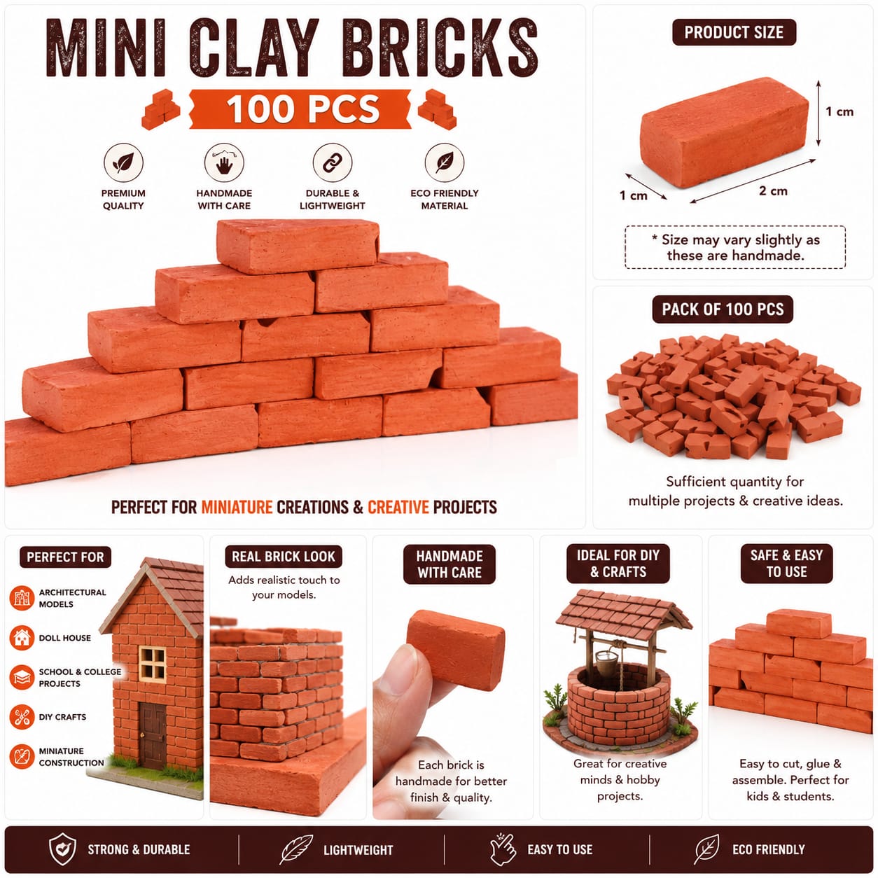 100 PCS Mini Clay Bricks | Handmade Mini Red Bricks for Doll House & Miniature Construction | Architectural Models, School Projects, DIY Crafts & Model Building