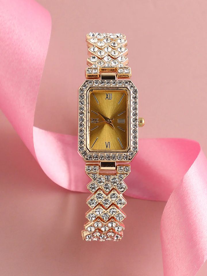 Rectangle Shape Watches in Rhinestone Blended Stainless Steel Jewelry Chain - Stylish Diamond Crystal Wrist watch For Girls With Bracelet Fashion Watch for Women's & Ladies - Premium Stylish Strap With Box For Gifts