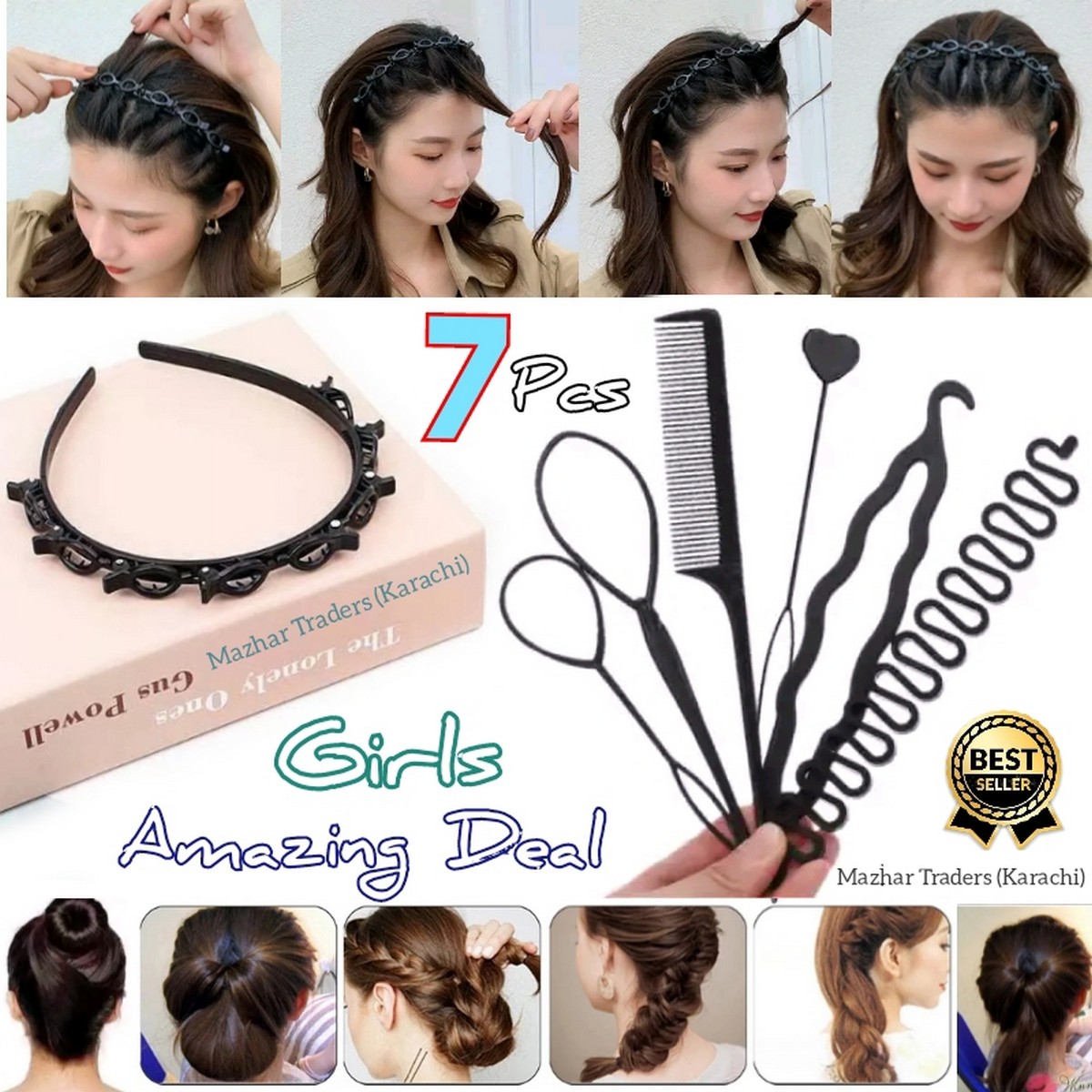 7-Piece Hair Styling Kit for Braids and Twists, Professional Hair Accessories for Women and Girls, Elegant Black Braider Tool Set