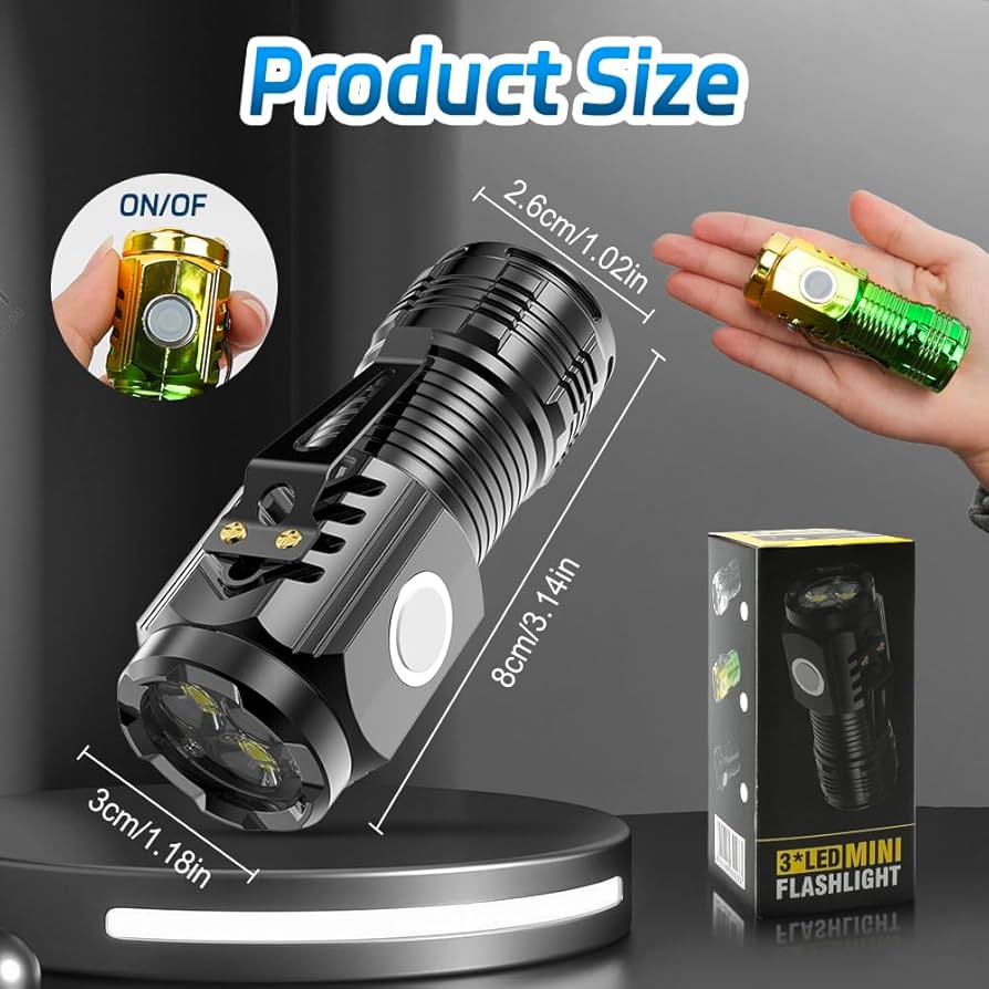 Powerful 3LED Super Bright Flashlight Portable Mini Burst Flash Torch Rechargeable Emergency Spotlight with Pen Clip Tail Magnet - Thumb Size Flashligh - Torch